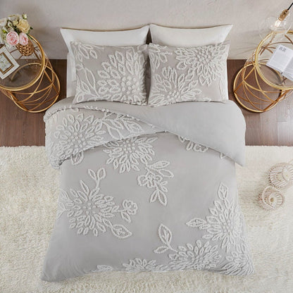 Queen Grey Cotton Chenille Duvet Cover Set - Floral Tufted