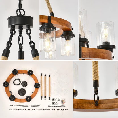 Rustic Wagon Wheel Chandelier - 23.6" Round Wood Pendant Light