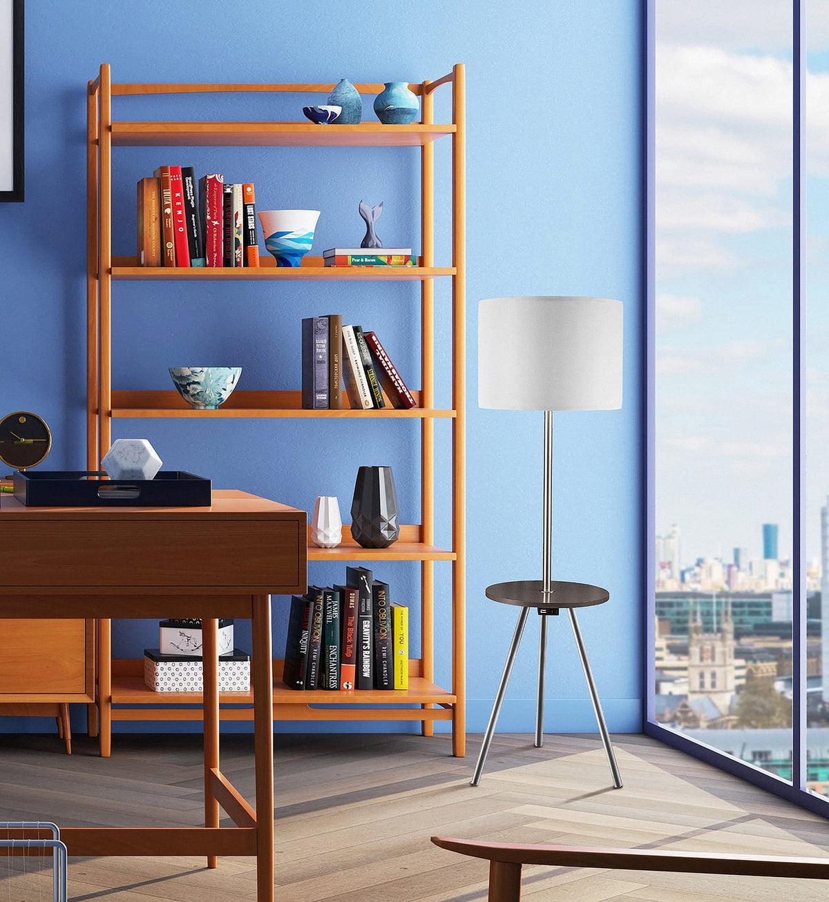 57" Round Sofa Side Table w/ Lamp and Power Station - Espresso Metal