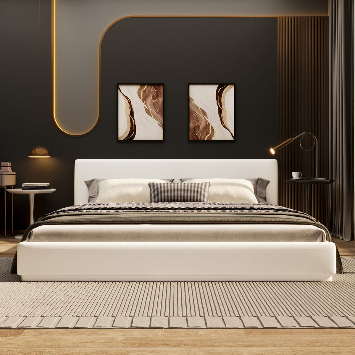 Soft White Velvet Upholstered Bed Queen Size - Wood Frame