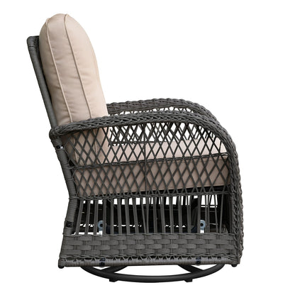 Grey Wicker Rocking Chair Patio Set - 3 Piece Bistro Set with Glass Table
