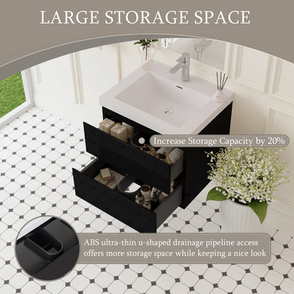 23.6 Inch Black Wall-Mounted Bathroom Vanity with Resin Sink