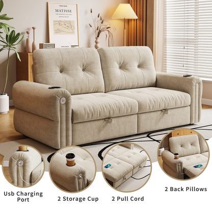 Beige Chenille Convertible Sofa Bed - 77" Multi-Functional Design for Living Room