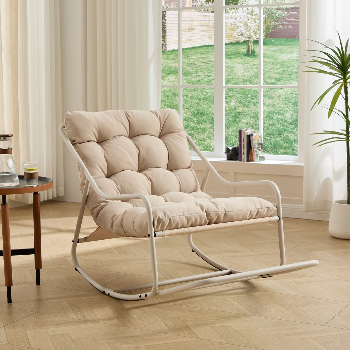 Beige Steel Outdoor Rocking Chair for Garden or Poolside Relaxation