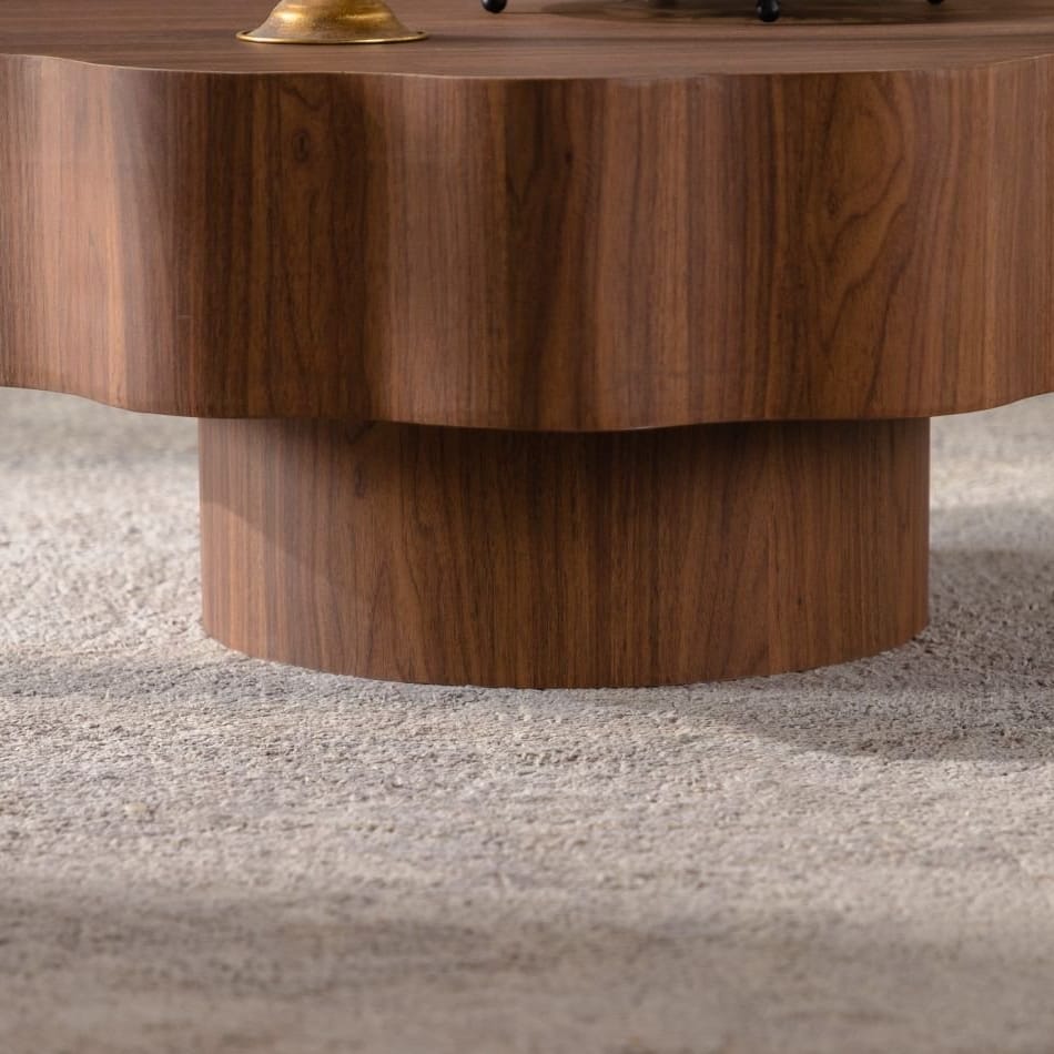 Walnut Wood Coffee Table - 31.3" Round Scalloped Edge Table for Living Room