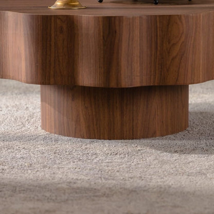 Walnut Wood Coffee Table - 31.3" Round Scalloped Edge Table for Living Room
