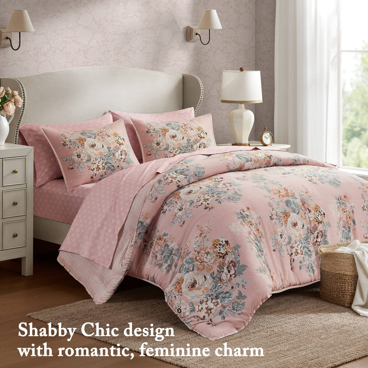 Queen Polyester Bedding Set Multicolor Pink Floral