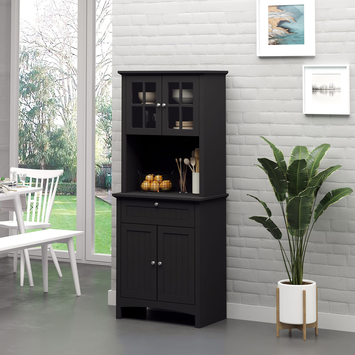 Black Kitchen Buffet with Hutch - Storage Cabinet MDF