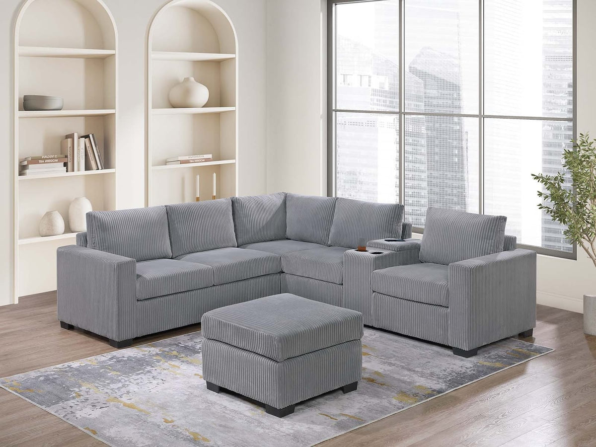 Light Gray Corduroy L-Shaped Sectional Sofa Set