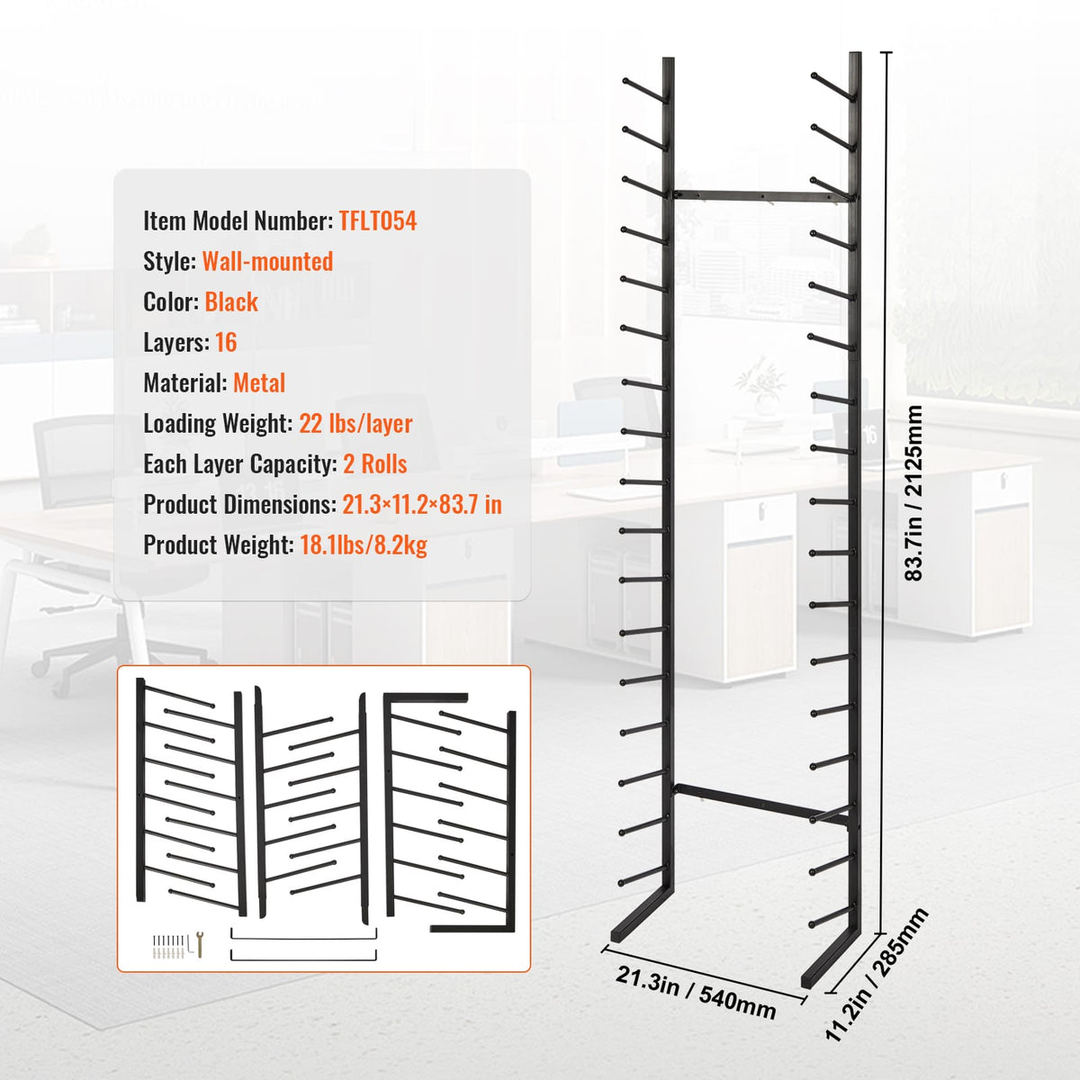 16-Tier Blueprint Storage Rack - Black Iron Display Shelf