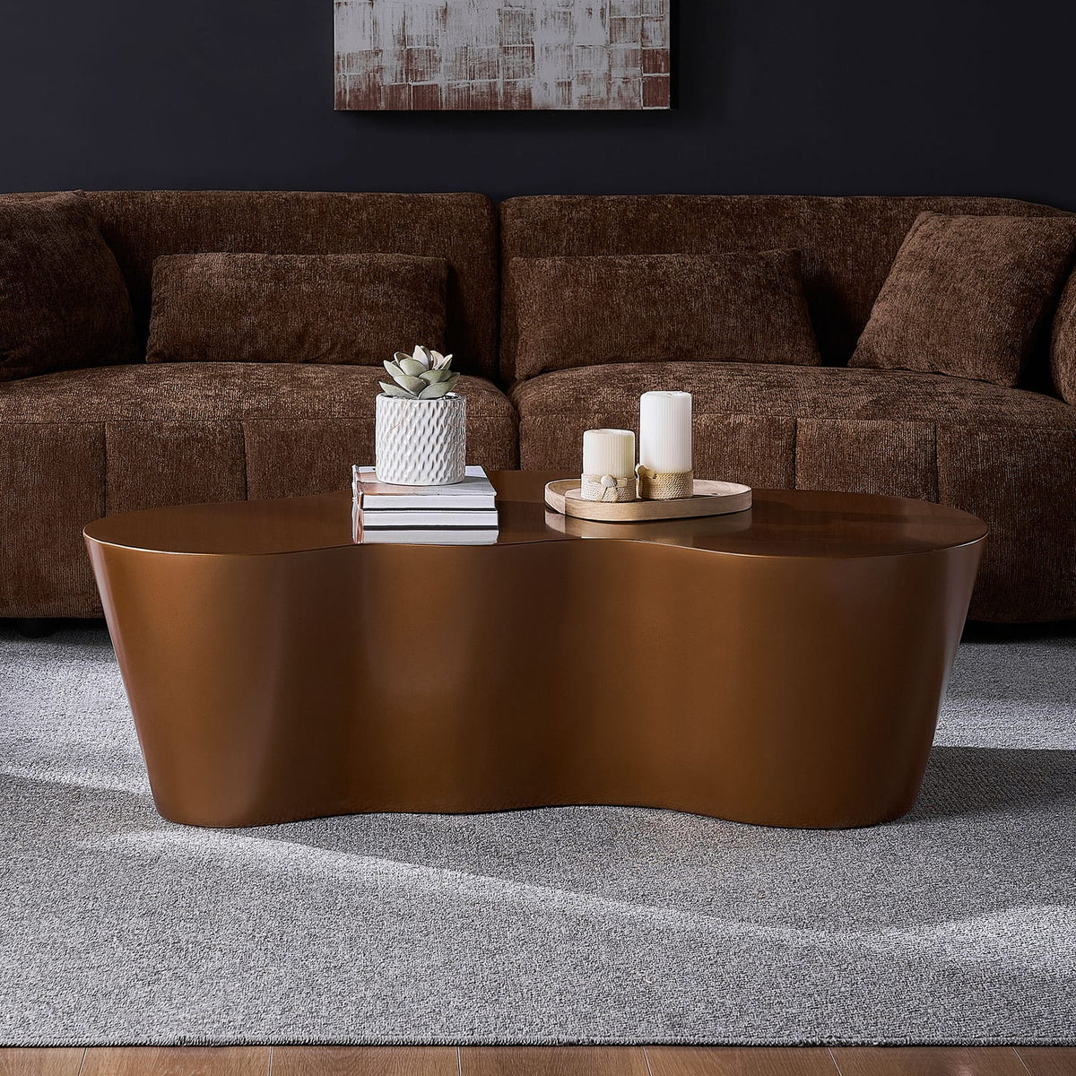 Unique 50 Inch Mid-Century Modern Coffee Table - Brown Fiberglass for Living Room