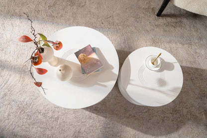 Large White Round Coffee Table Set - 2 Piece MDF Table with Storage