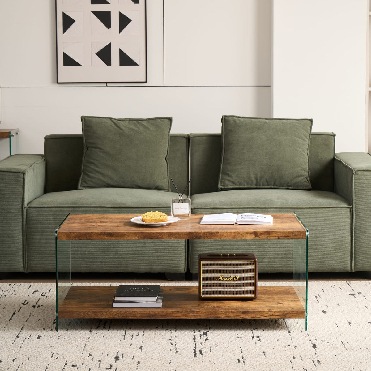 Walnut Glass Coffee Table - Small Sofa Table, Multi-Purpose Design