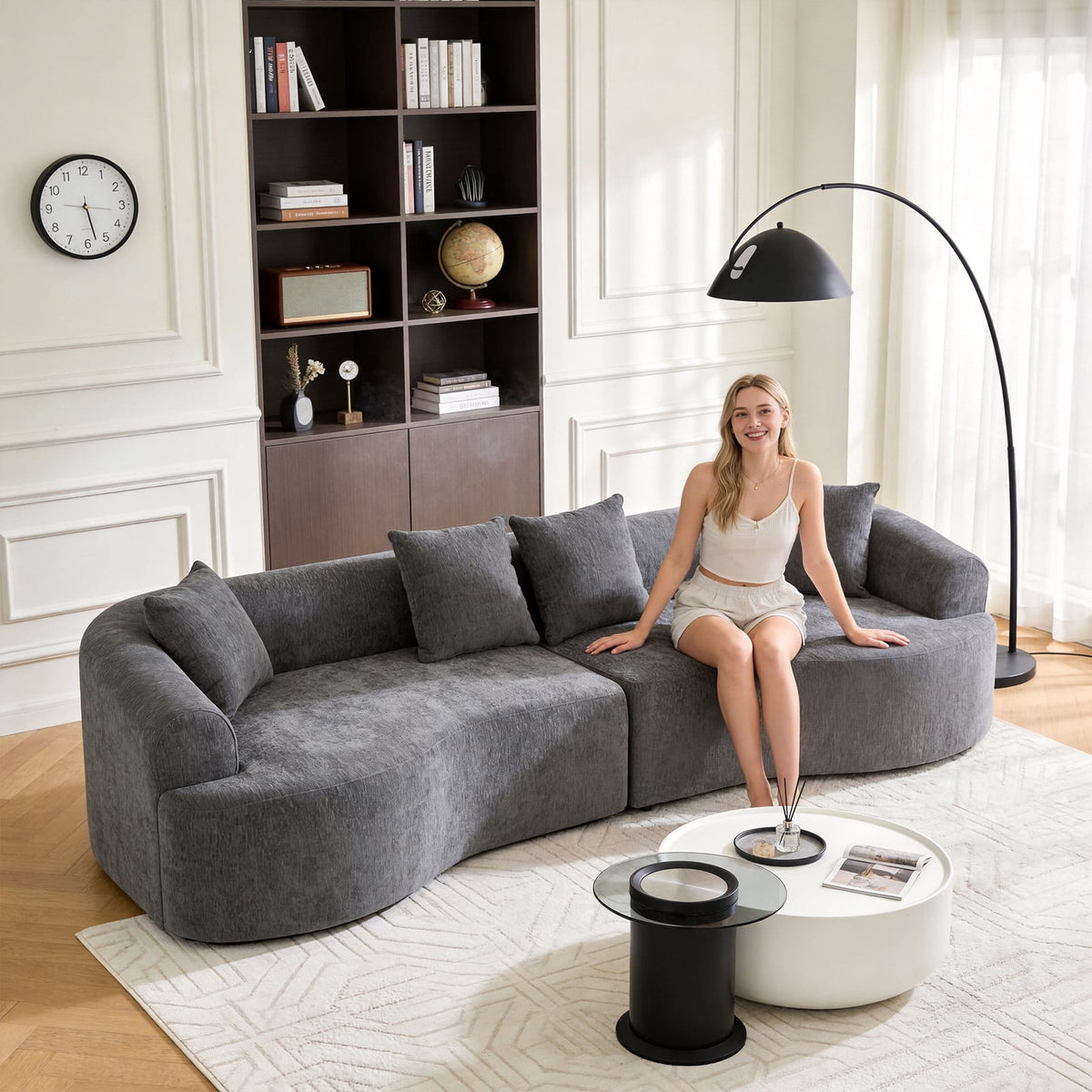 Grey Curved Modular Sofa Sleeper for Living Room Guests in Chenille