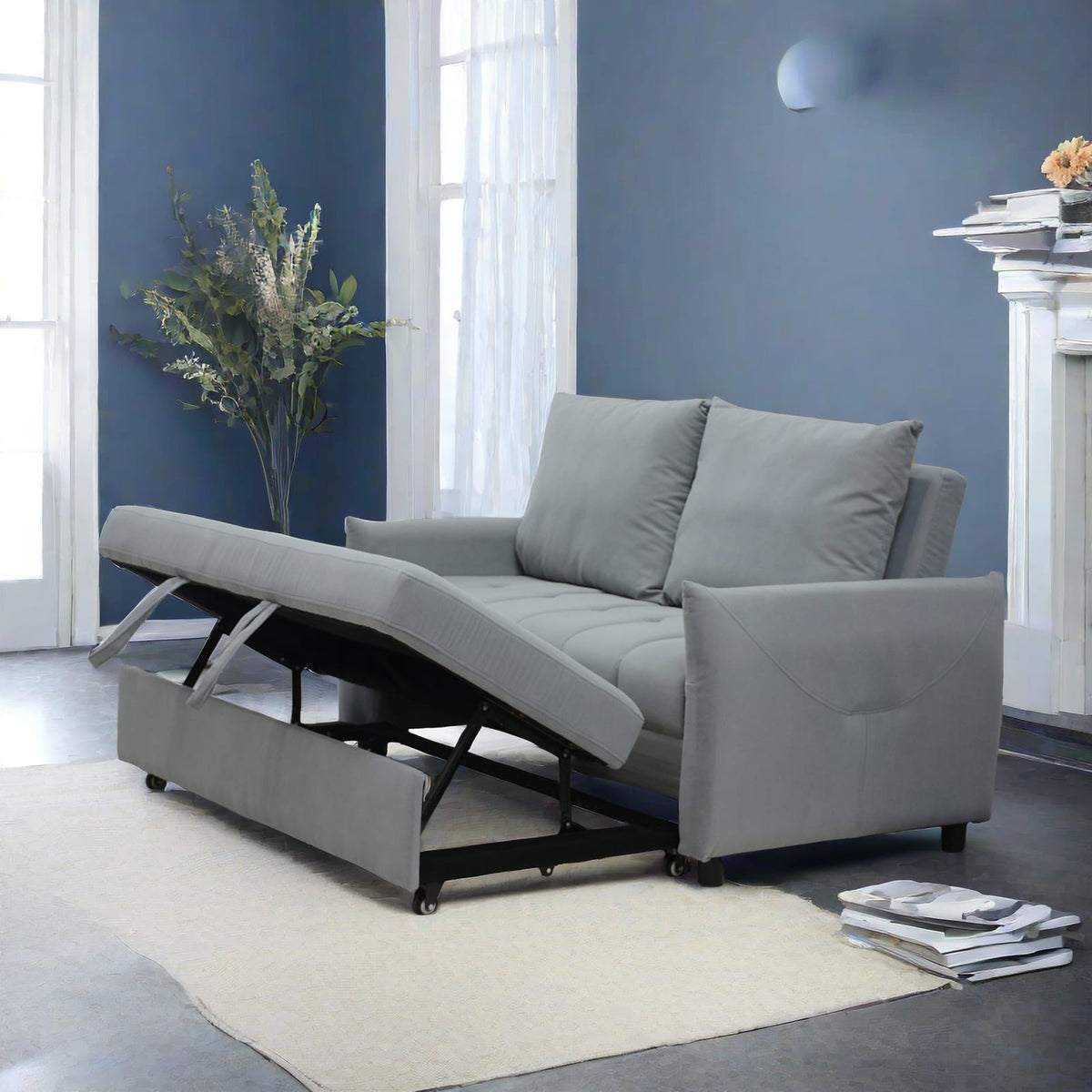 Light Blue Velvet Sofa Bed with Full-Size Conversion and Storage