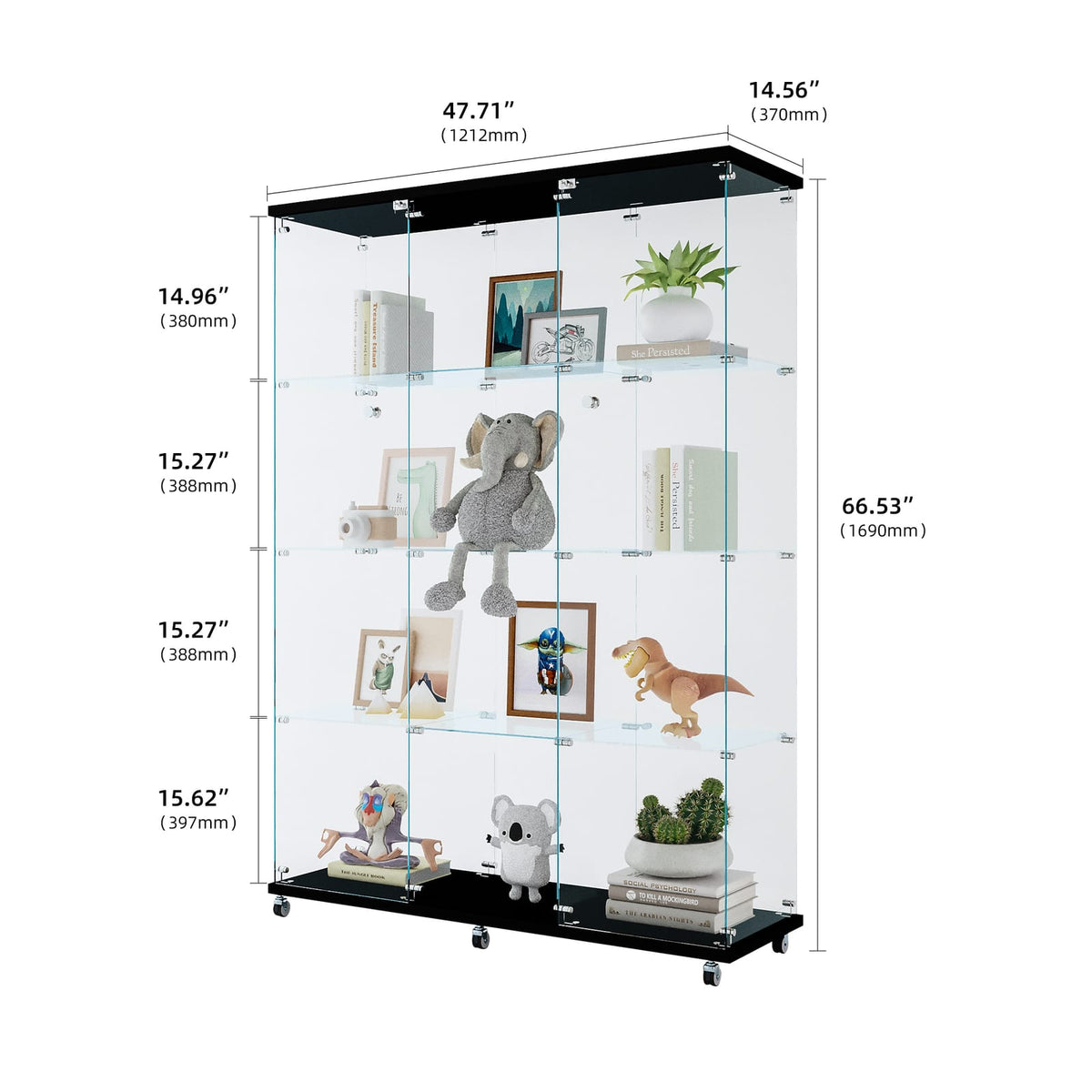 Large Black Glass Display Cabinet - 4 Shelves for Living Room, Office, or Home Office
