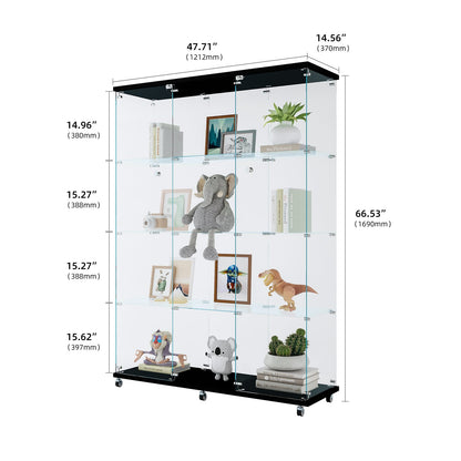Large Black Glass Display Cabinet - 4 Shelves for Living Room, Office, or Home Office