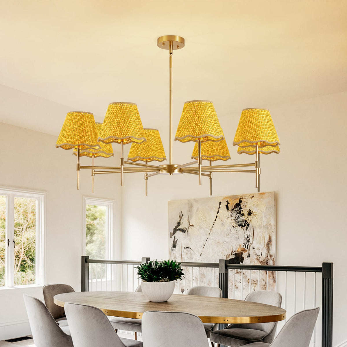 Gold Rattan Chandelier - 8 Lights Iron Frame, 38.6" Boho Pendant Light