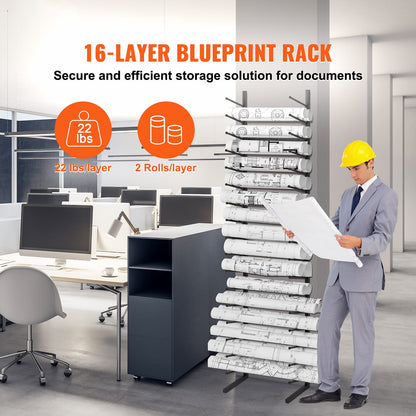 16-Tier Blueprint Storage Rack - Black Iron Display Shelf