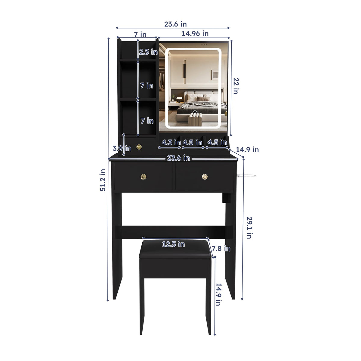 Black 3 Drawer Makeup Vanity with Chair - Bedroom Storage