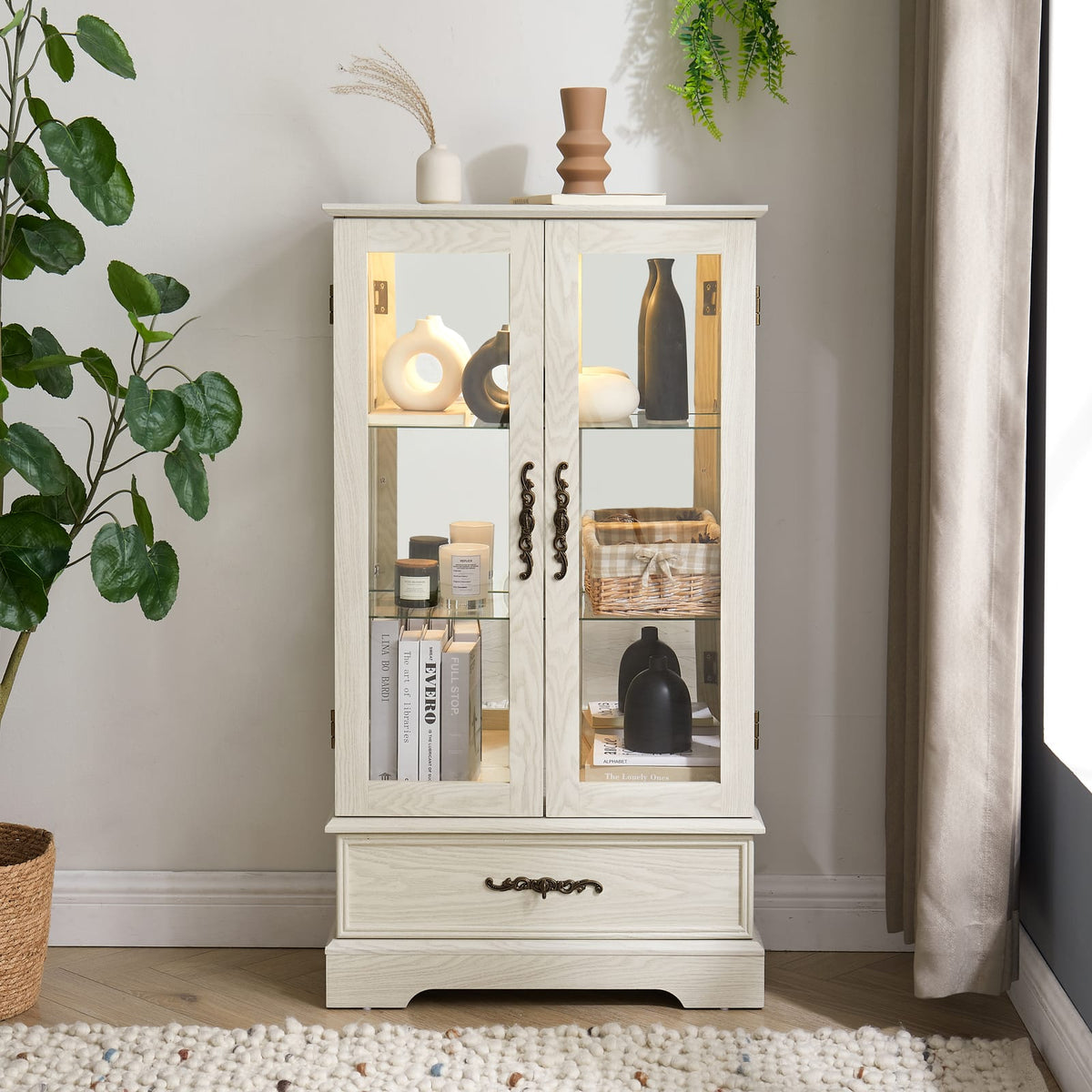 White Glass Curio Cabinet - 25.98"W Storage Display Cabinet