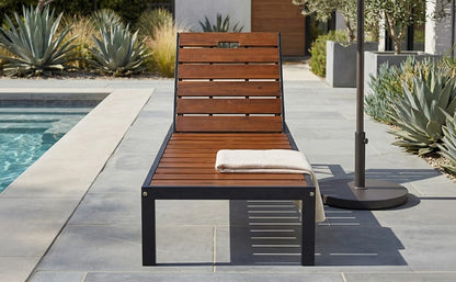Black+Brown Acacia Wood Patio Chaise Lounge - Outdoor Daybed