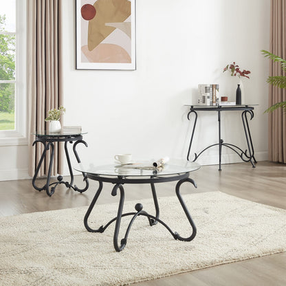 Black Tempered Glass Coffee Table Set - 2 Piece Round Side Table for Living Room
