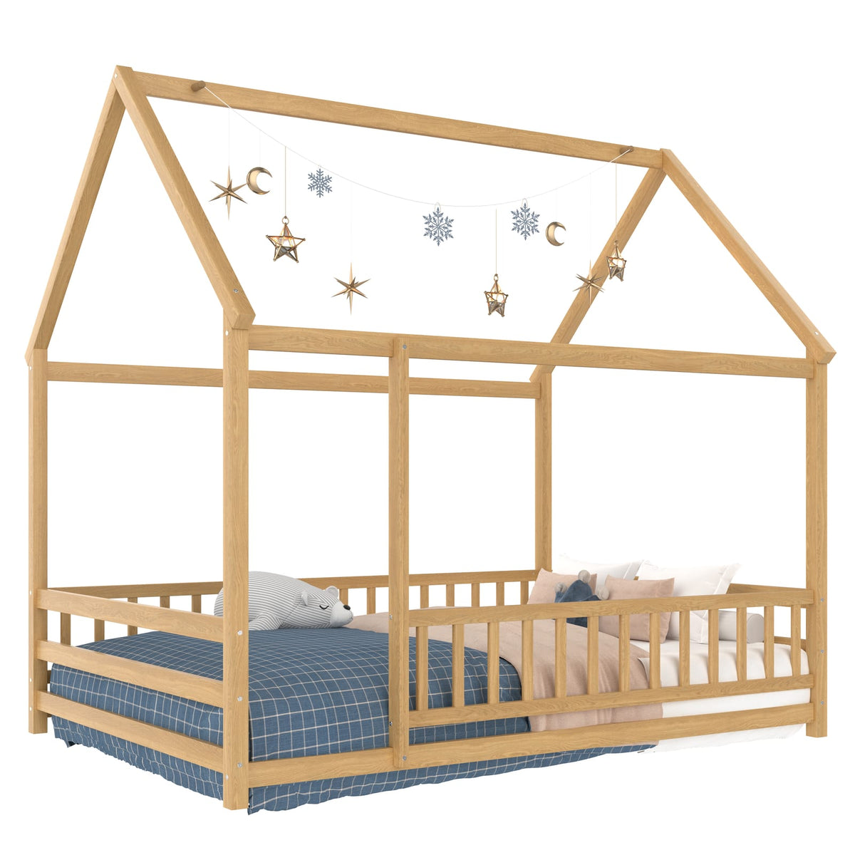 Full Size Wooden Bed with House Roof Frame - Natural for Bedroom