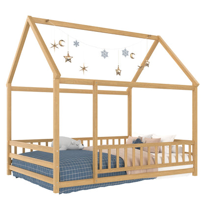 Full Size Wooden Bed with House Roof Frame - Natural for Bedroom