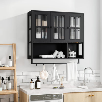 Bathroom Wall Cabinet - 3-Door Black MDF Storage