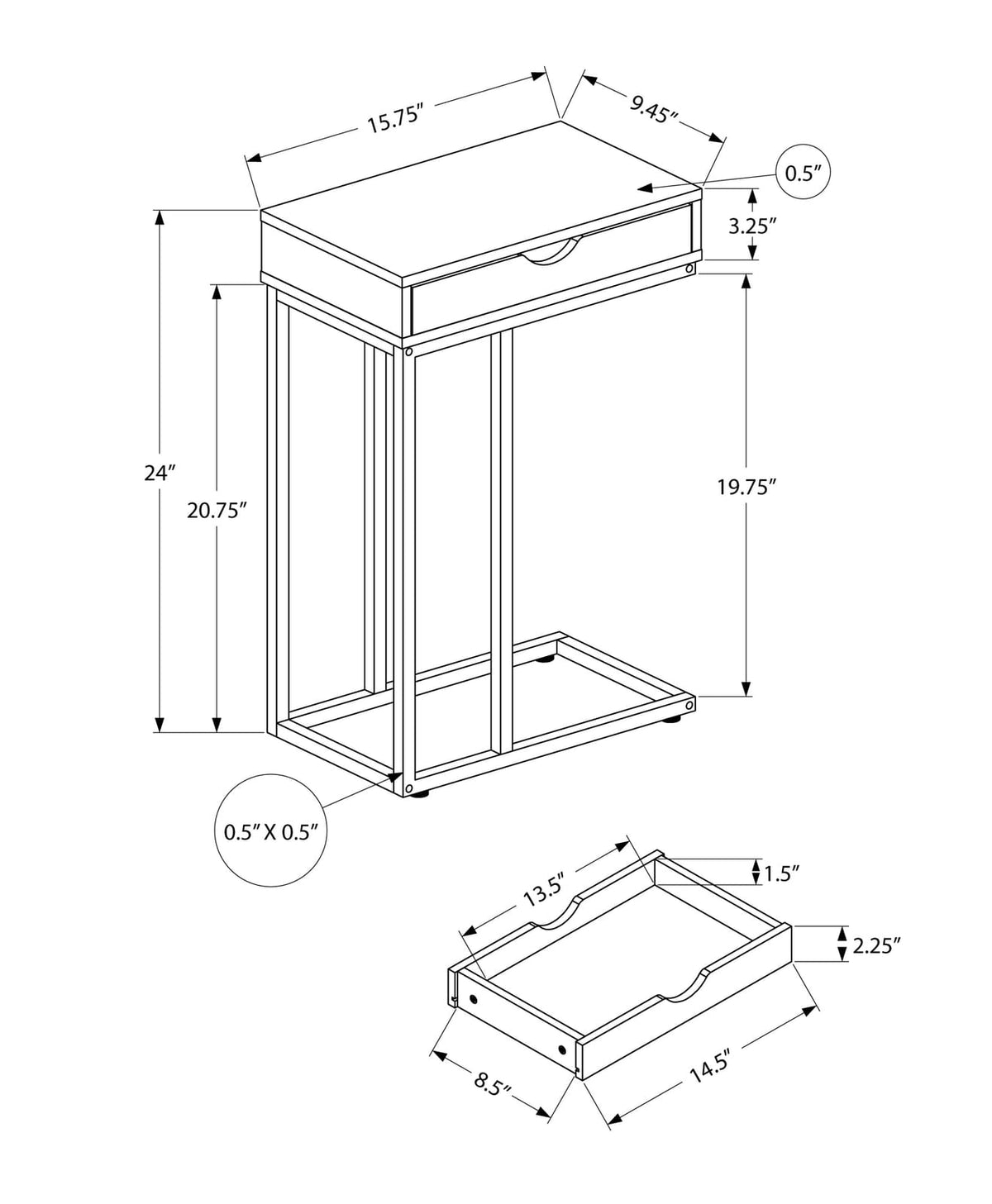 Black C-Shaped Accent Table with Storage Drawer