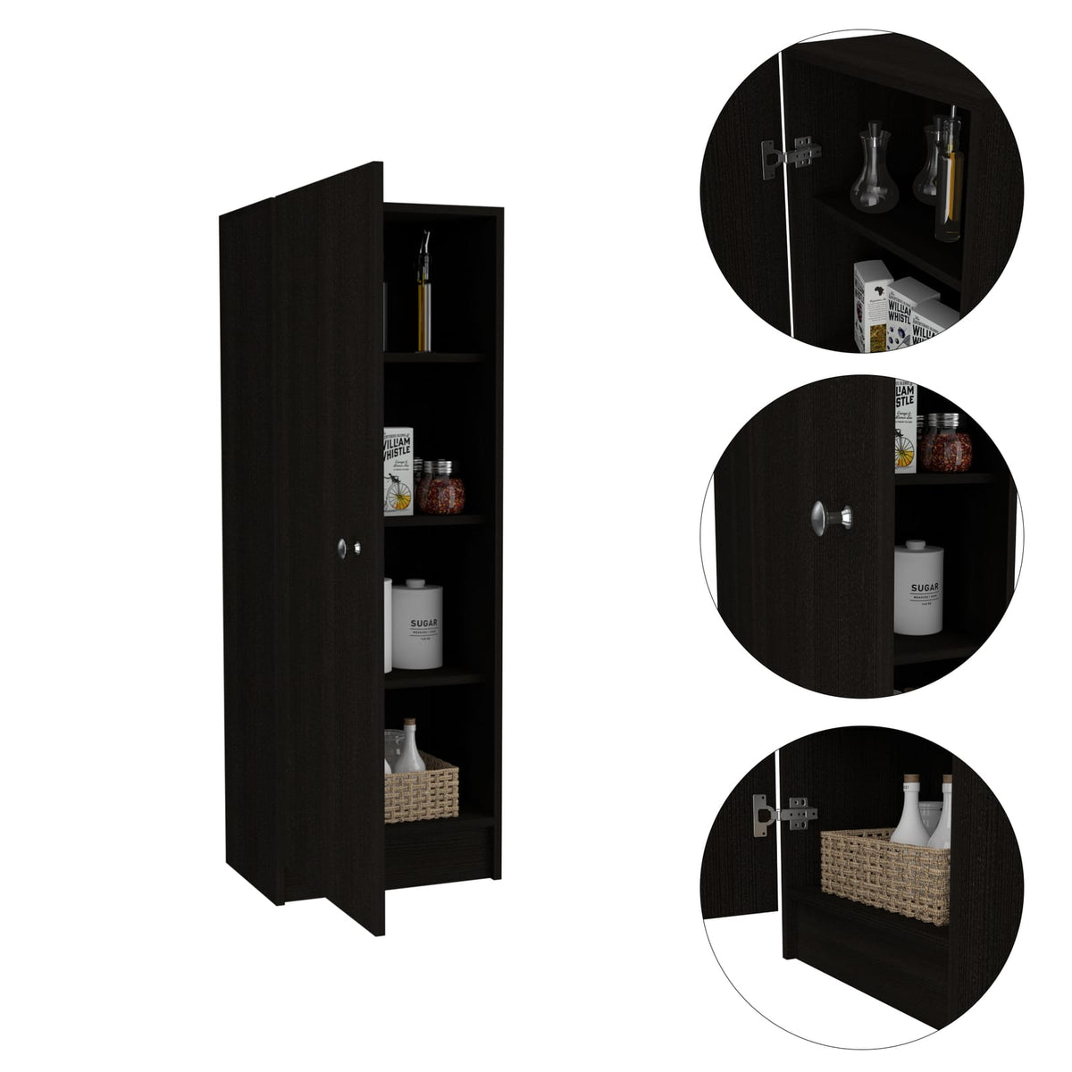 Black Kitchen Storage Cabinet - 3-4 Shelf Freestanding Cabinet for Living Room