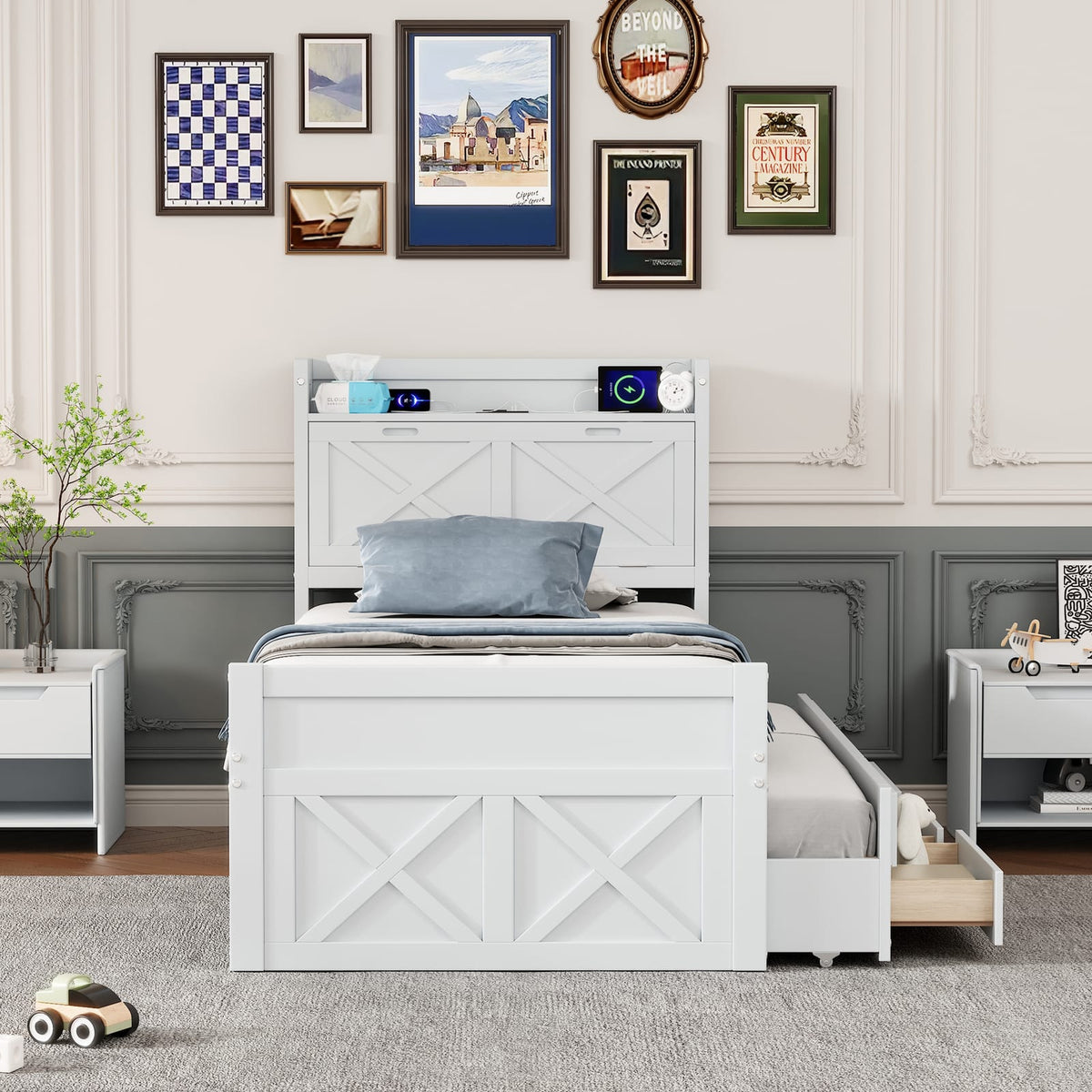 Twin Wooden Bed with Storage Headboard and Trundle for Guest Space for Bedroom