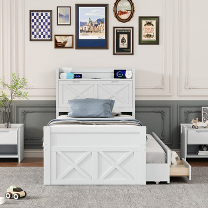 Twin Wooden Bed with Storage Headboard and Trundle for Guest Space for Bedroom