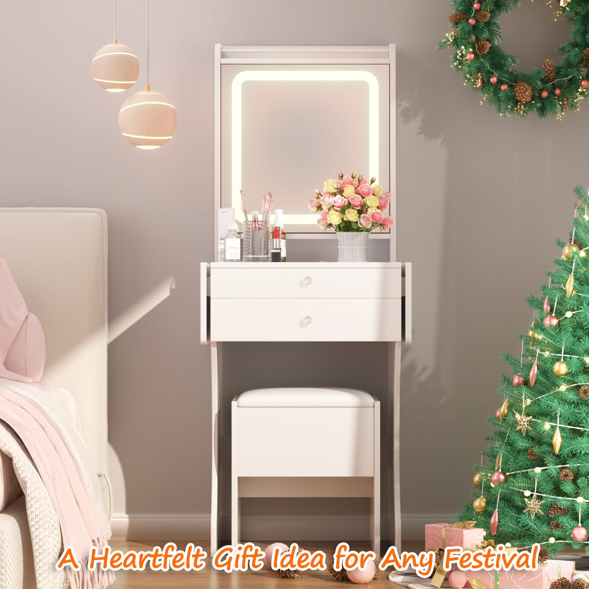 White MDF Makeup Vanity with Stool - Bedroom Storage