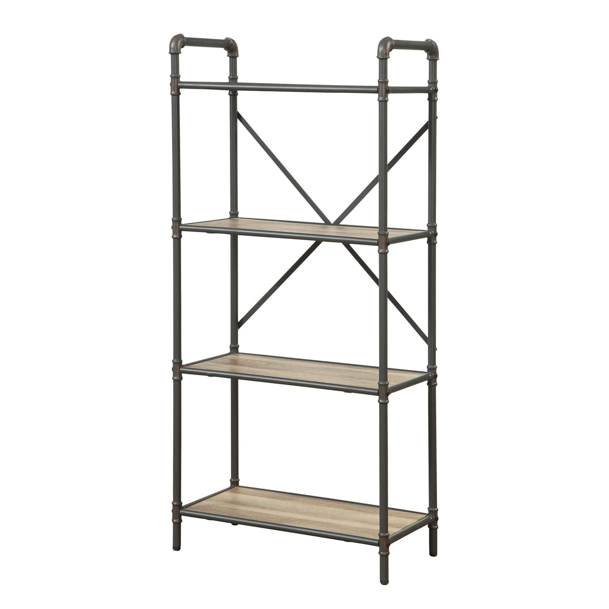 Antique Oak & Grey 4-Tier Bookcase - Industrial Display Shelves
