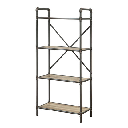 Antique Oak & Grey 4-Tier Bookcase - Industrial Display Shelves