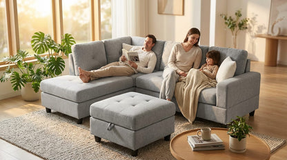Modern Gray L-Shaped Sectional Sofa - Comfortable Linen Seating