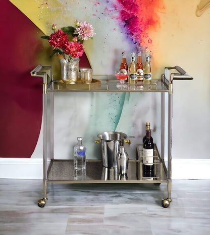 Antique Brass Glass Serving Cart for Kitchen Storage and Dining