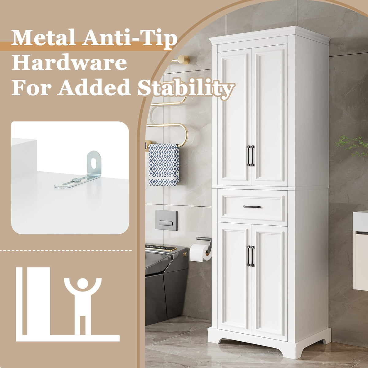 White Bathroom Vanity with 4 Doors & Drawer - Freestanding Storage Cabinet