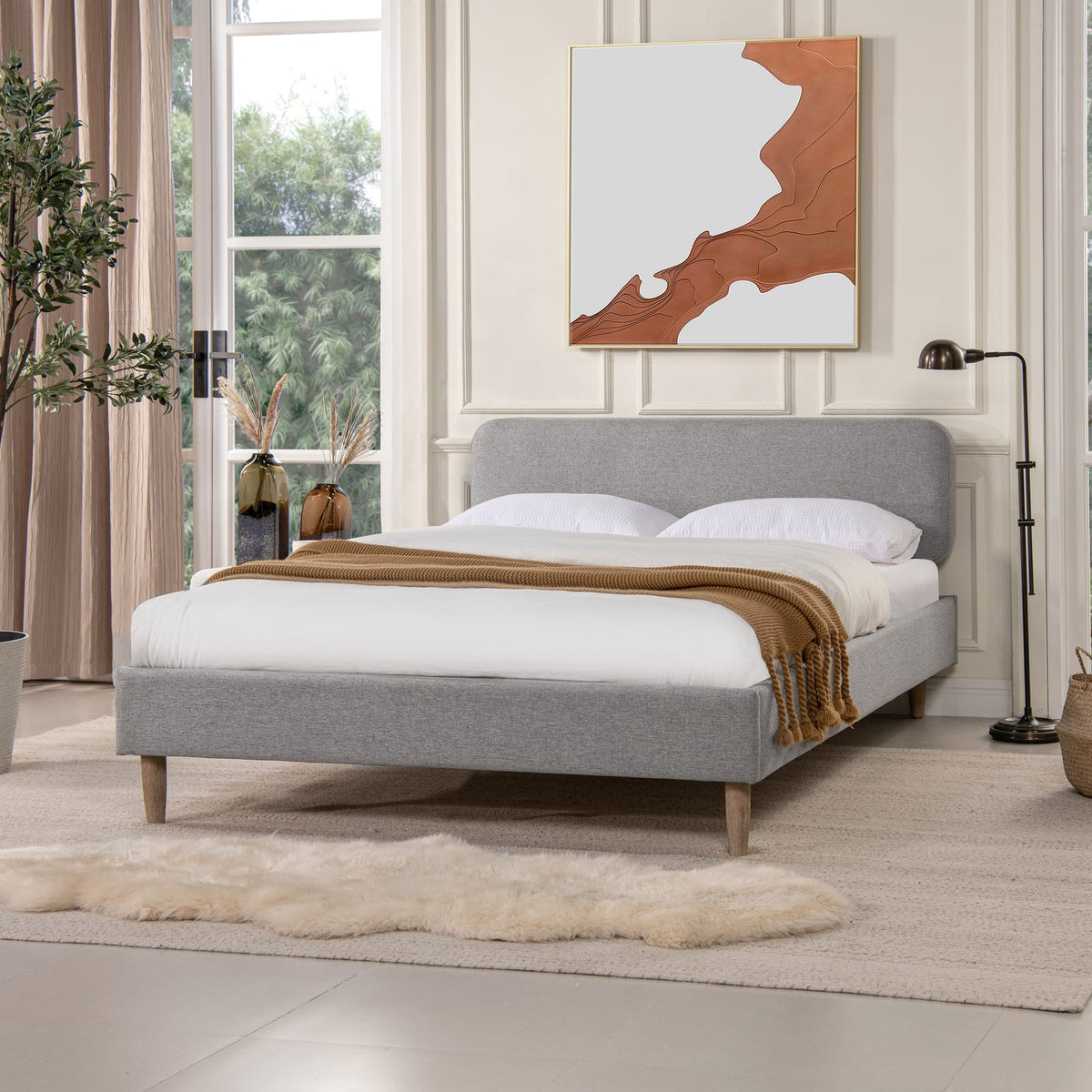 Queen Gray Upholstered Platform Bed - Wood Frame
