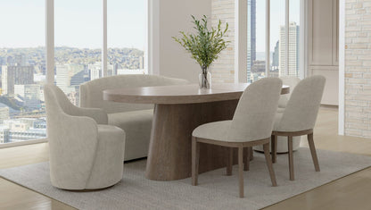Oval Brown Solid Wood Dining Table with Sculpted Pedestal for Living Room