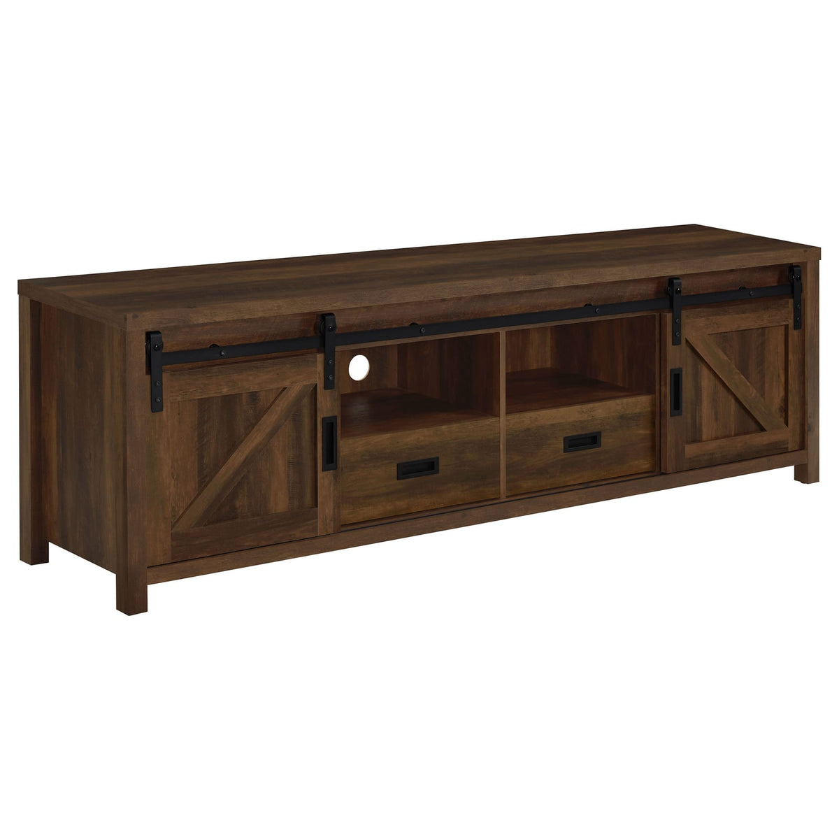 70-79 Inch Brown Wood Metal TV Stand with 2 Doors