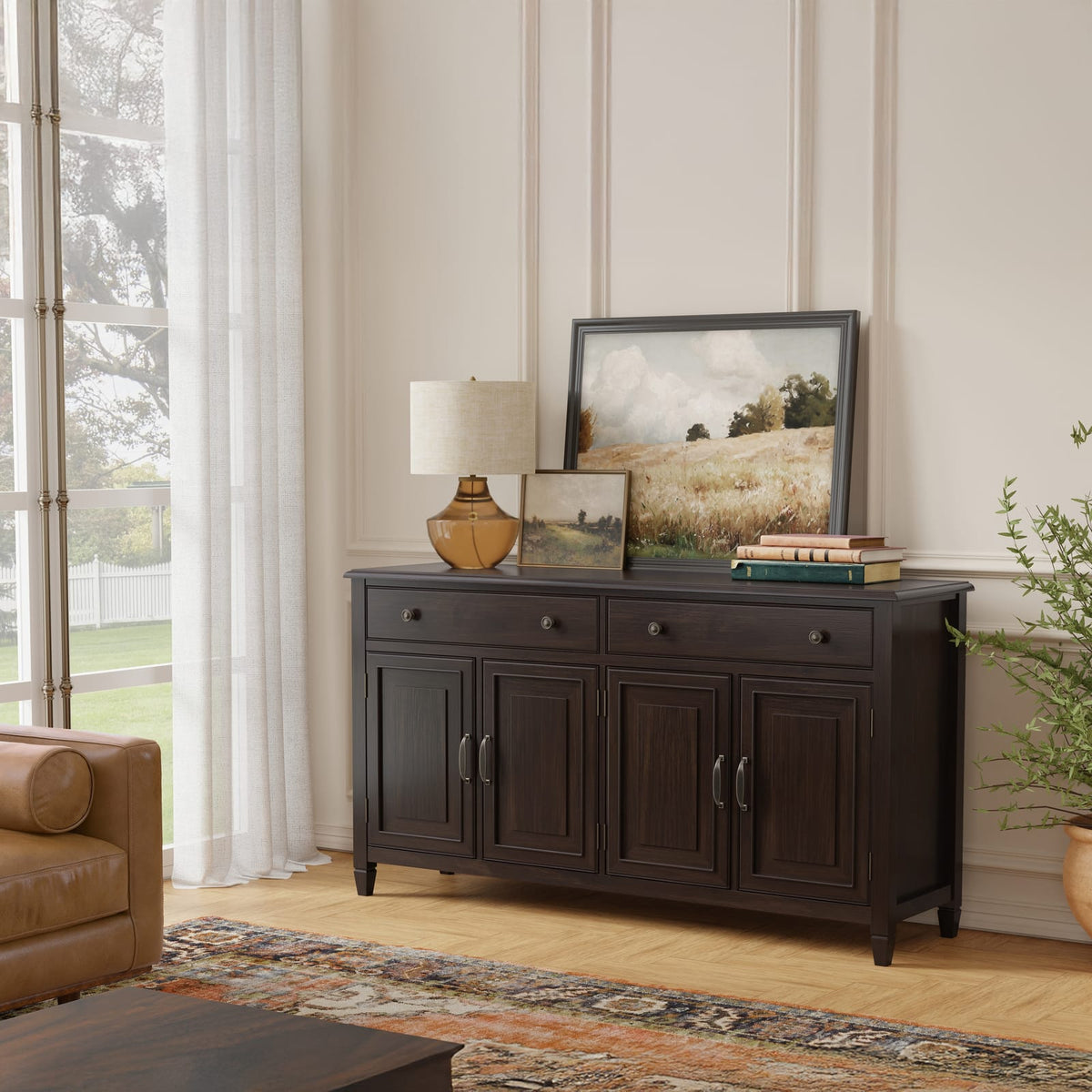 Brown Pine Sideboard Buffet - 66.5" Wide Storage Cabinet
