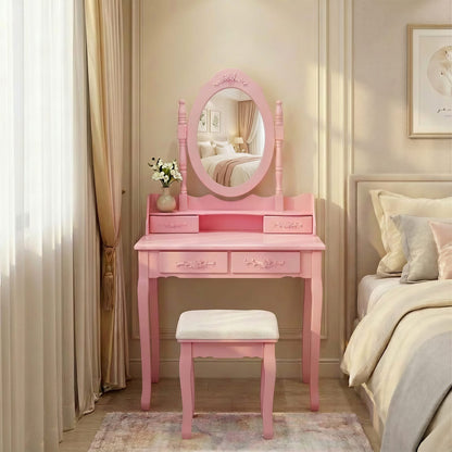 Pink Princess Vanity Desk Set - 4 Drawers, Mirror & Stool