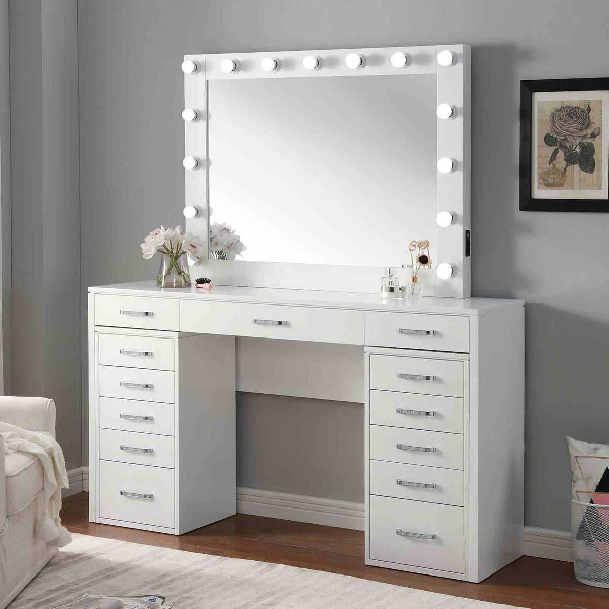Glam Vanity Set - 5 Drawers White Solid Wood Bedroom Storage