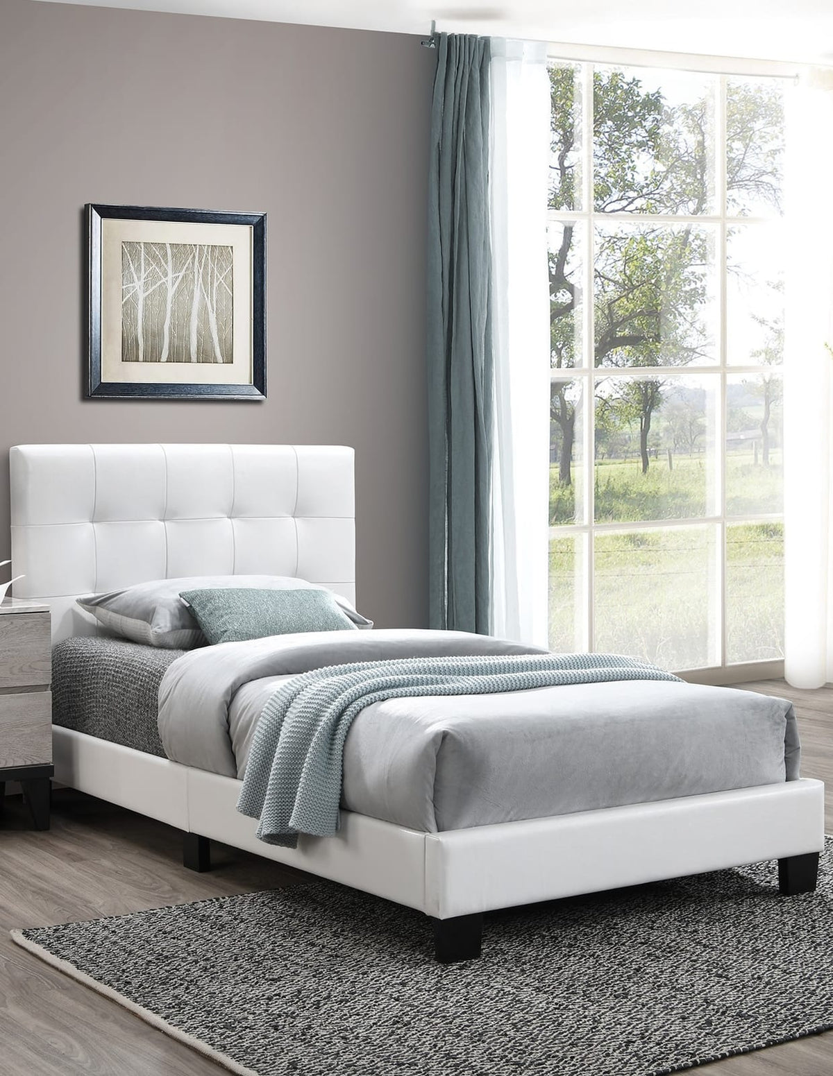 Twin Size White Faux Leather Bed Frame