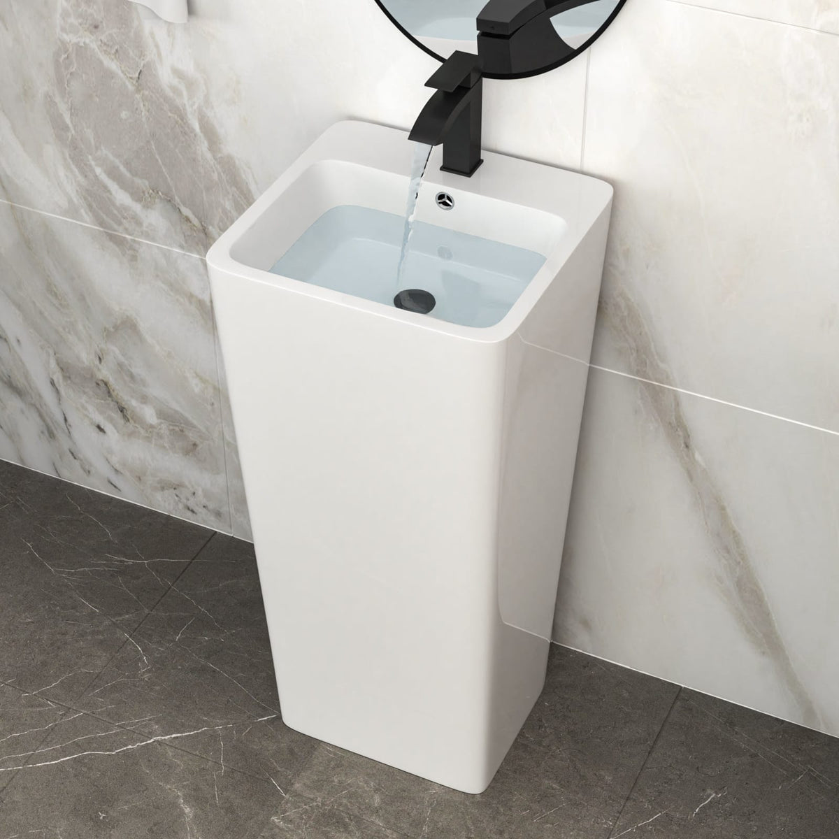 16" White Ceramic Pedestal Sink - Space-Saving Bathroom Basin