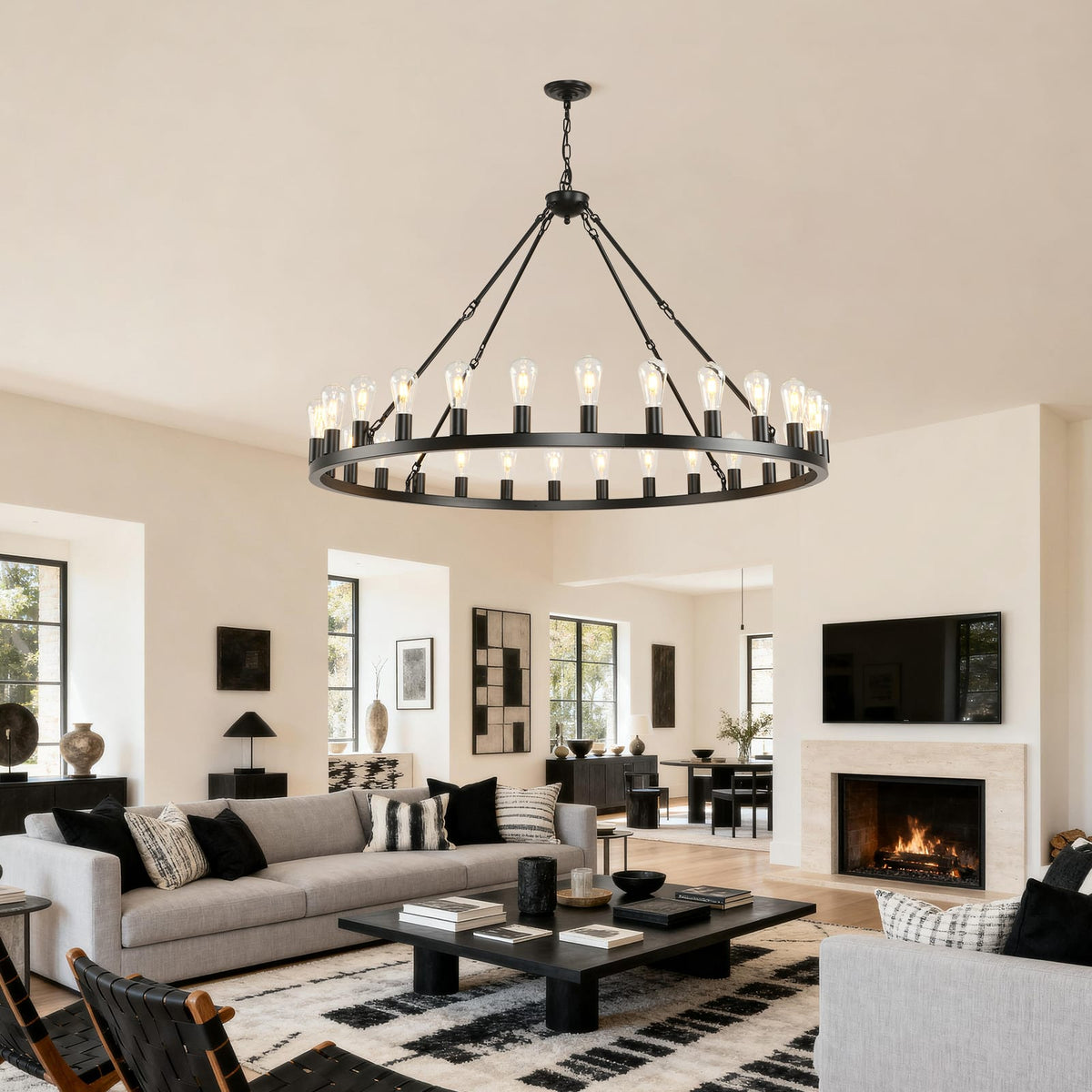 Large Black Wagon Wheel Chandelier - 28 Lights for Dining Room, Living Room