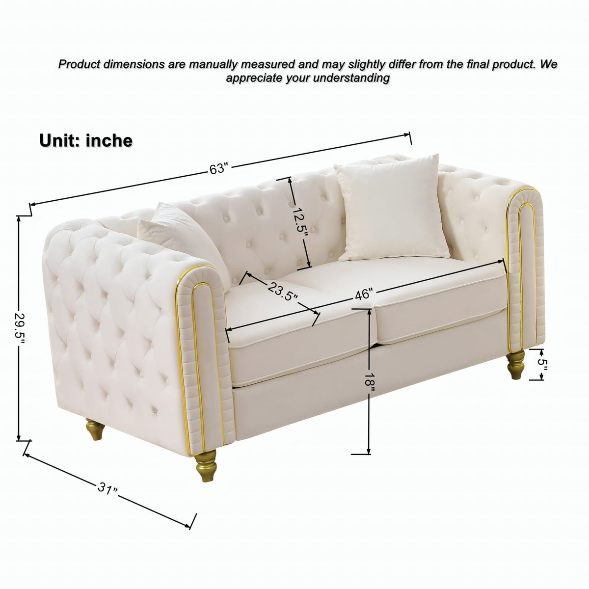 63" Beige Velvet Loveseat Sofa - Button Tufted Primary Living Space for Living Room